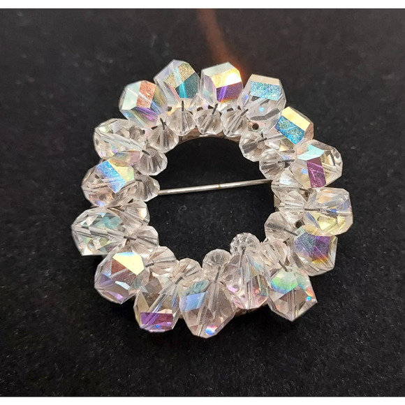 Vintage Aurora Borealis Brooch Circle Crystal Costume Jewelry - Picture 2 of 10